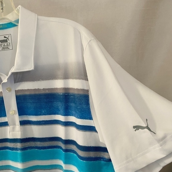 Puma Polo  Golf Shirt Dry Cell White with Blue Stripes Mens Lg - Picture 6 of 13